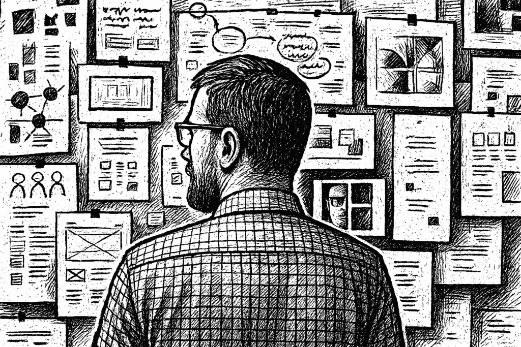 Person som tittar på tavla med lappar, illustration av ChatGPT